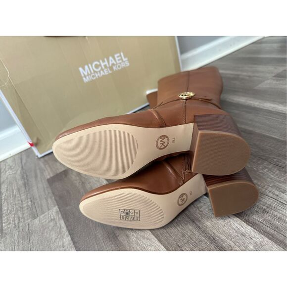 Michael Kors Side Zip Logo Buckle Carmen Leather Tall Riding Boots Luggage Sz 7M - Picture 9 of 10